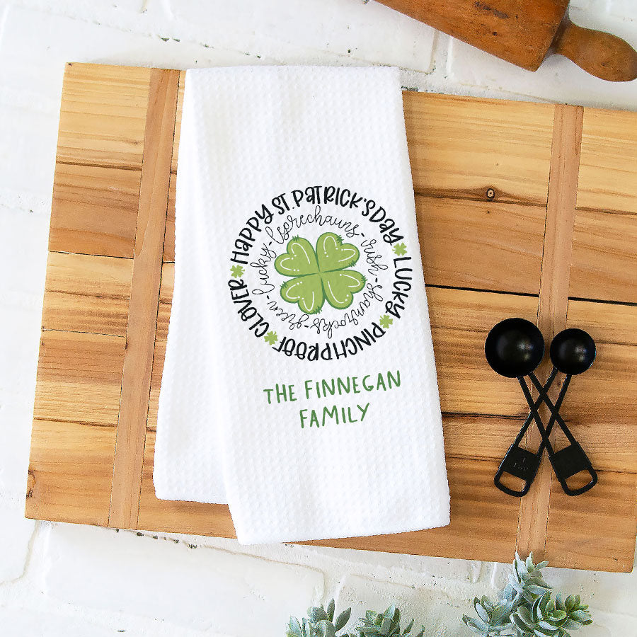 Happy St. Patrick's Day Towel | Custom Holiday Towel | Personalized Dish Towel | Shamrock Decor | St. Patrick's Day Decor | Seasonal Decor
