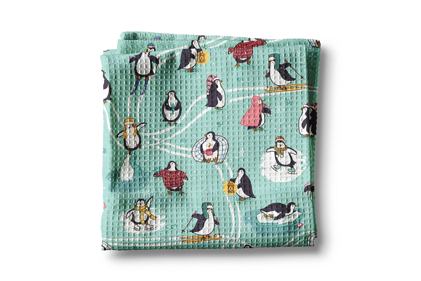 Penguin Winter Trees Snow Blues Holiday Baking Kitchen Towel