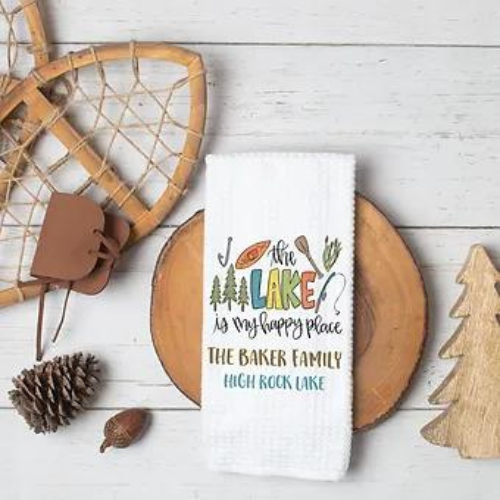 Personalized the Lake Is My Happy Place Kitchen Towel