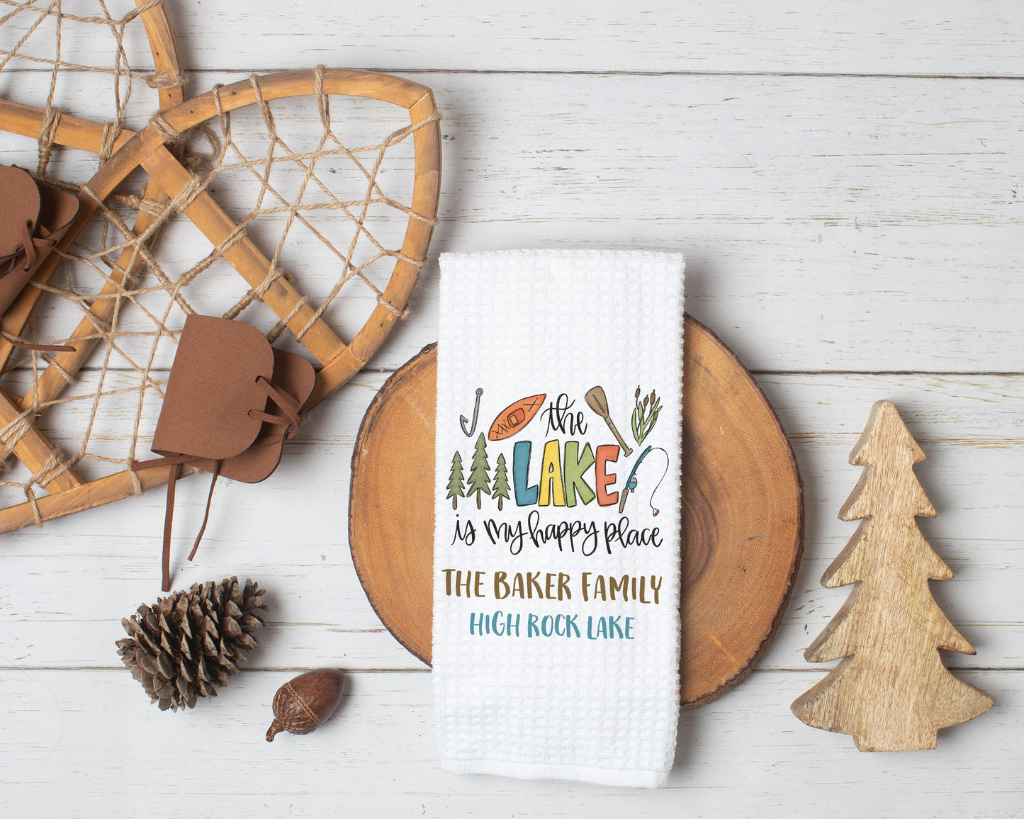 Personalized The Lake Is My Happy Place Kitchen Towel | Lake House Decor | Lake House Gift | Lake Themed Kitchen | Custom Lake Accessories