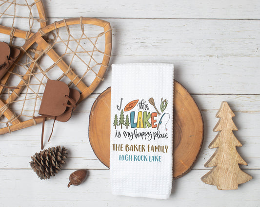 Personalized The Lake Is My Happy Place Kitchen Towel | Lake House Decor | Lake House Gift | Lake Themed Kitchen | Custom Lake Accessories
