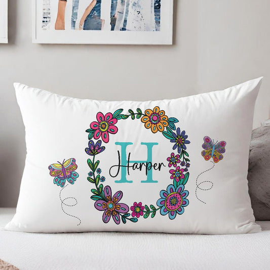 Floral Butterfly Personalized Monogram Name Standard Pillowcase | Flowers and Butterflies Pillow Cover | Girl Room Decor | Nursery Decor