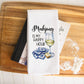 White waffle weave towel with image of wineglass beverage next to Mahjong tiles, phrase with &quot;Mahjong is my happy hour&quot; above