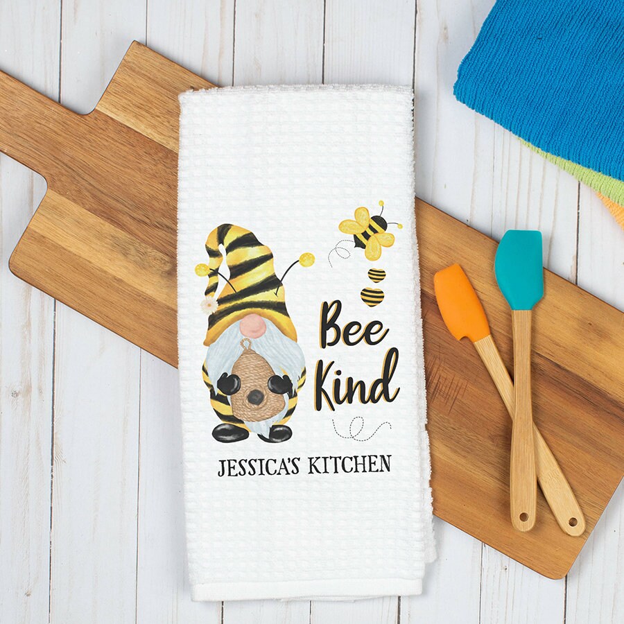 Bee Kind Dish Towel: Personalized Gnome Kitchen Decor (16x24 Inches)