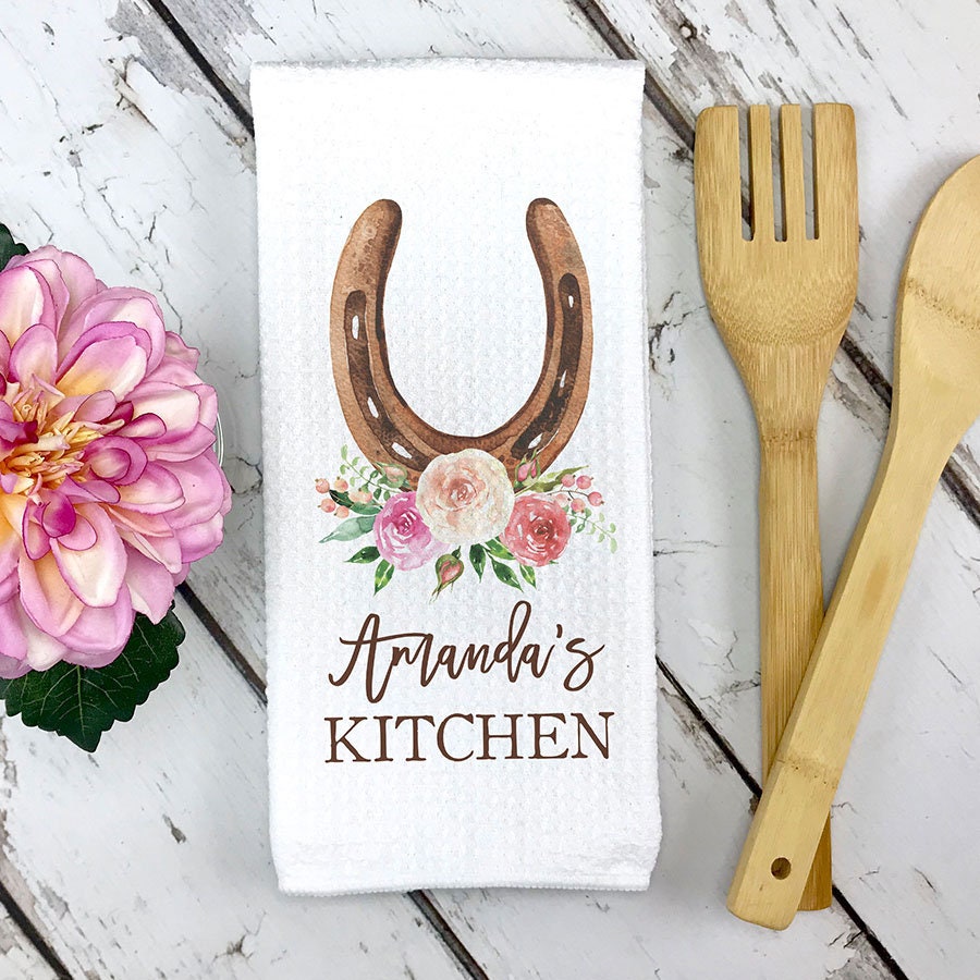Horseshoe Name Towel | Custom Kitchen Dish Towel | Custom Gifts for Horse Lovers | Rustic Kitchen Decor