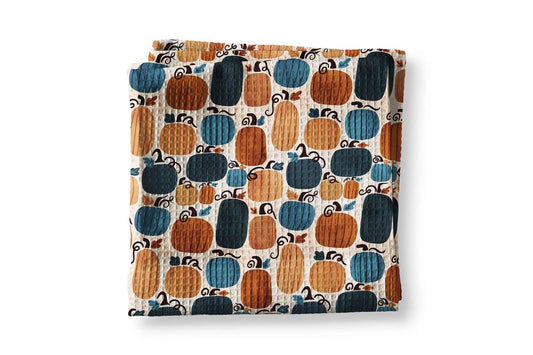Blue Orange Folk Art Pumpkin Patch Fall Kitchen Towel Waffle