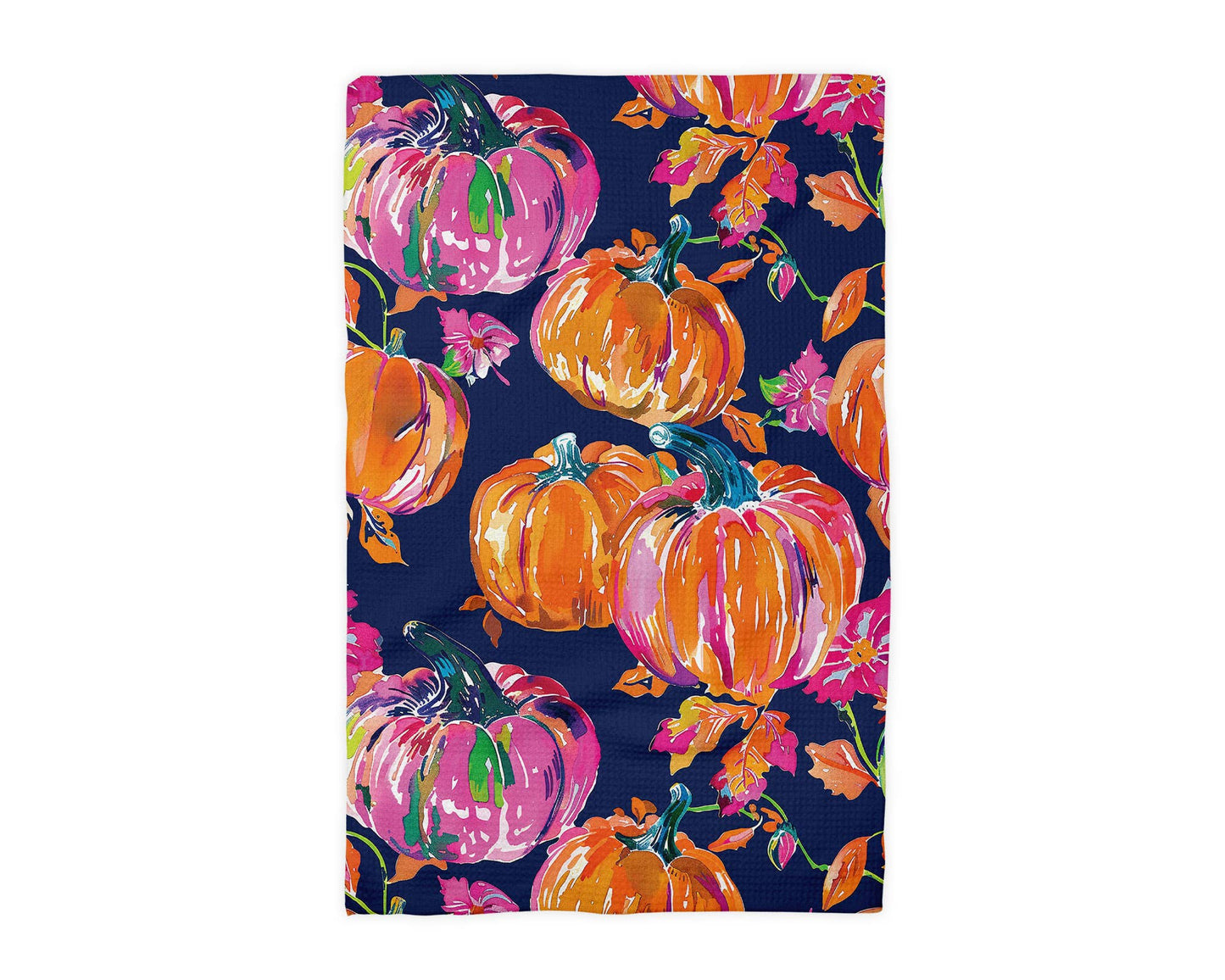 Preppy Navy Pink Pumpkin Fall Coastal Kitchen Towel Waffle