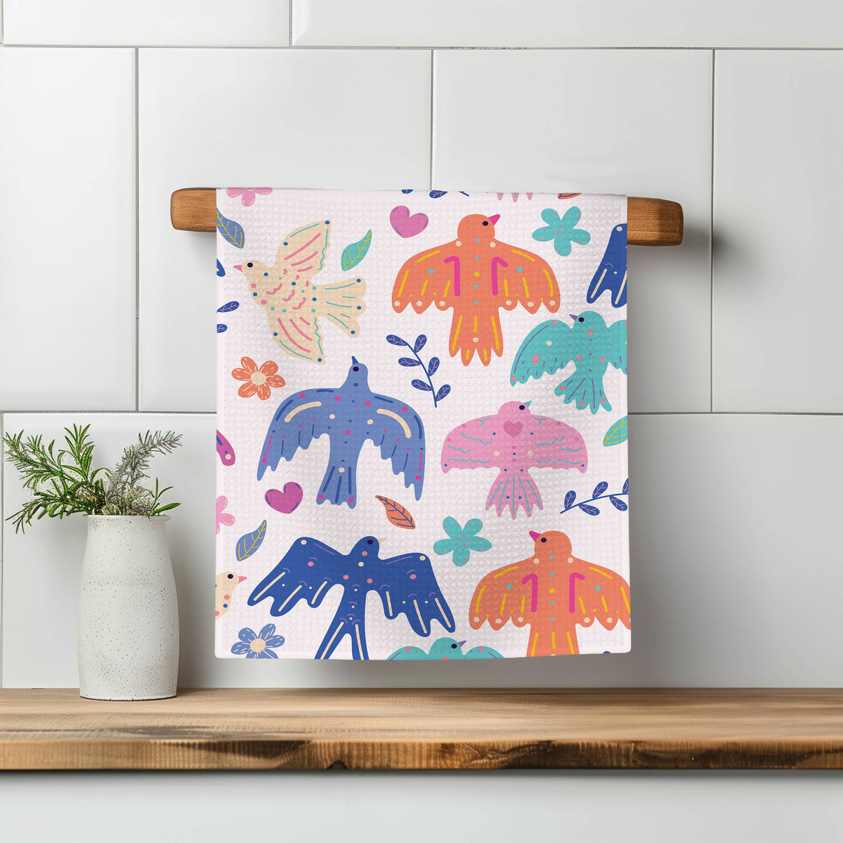 Birds In Flight Retro Spring Modern Kitchen Towel Waffle