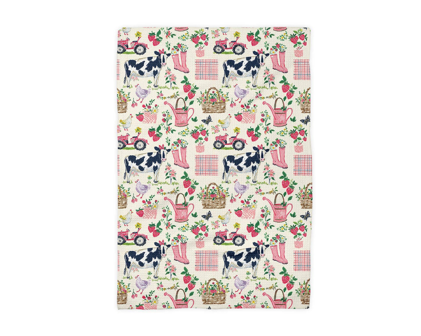 Floral Spring Garden Cow Chicken Farm Kitchen Towel Berry