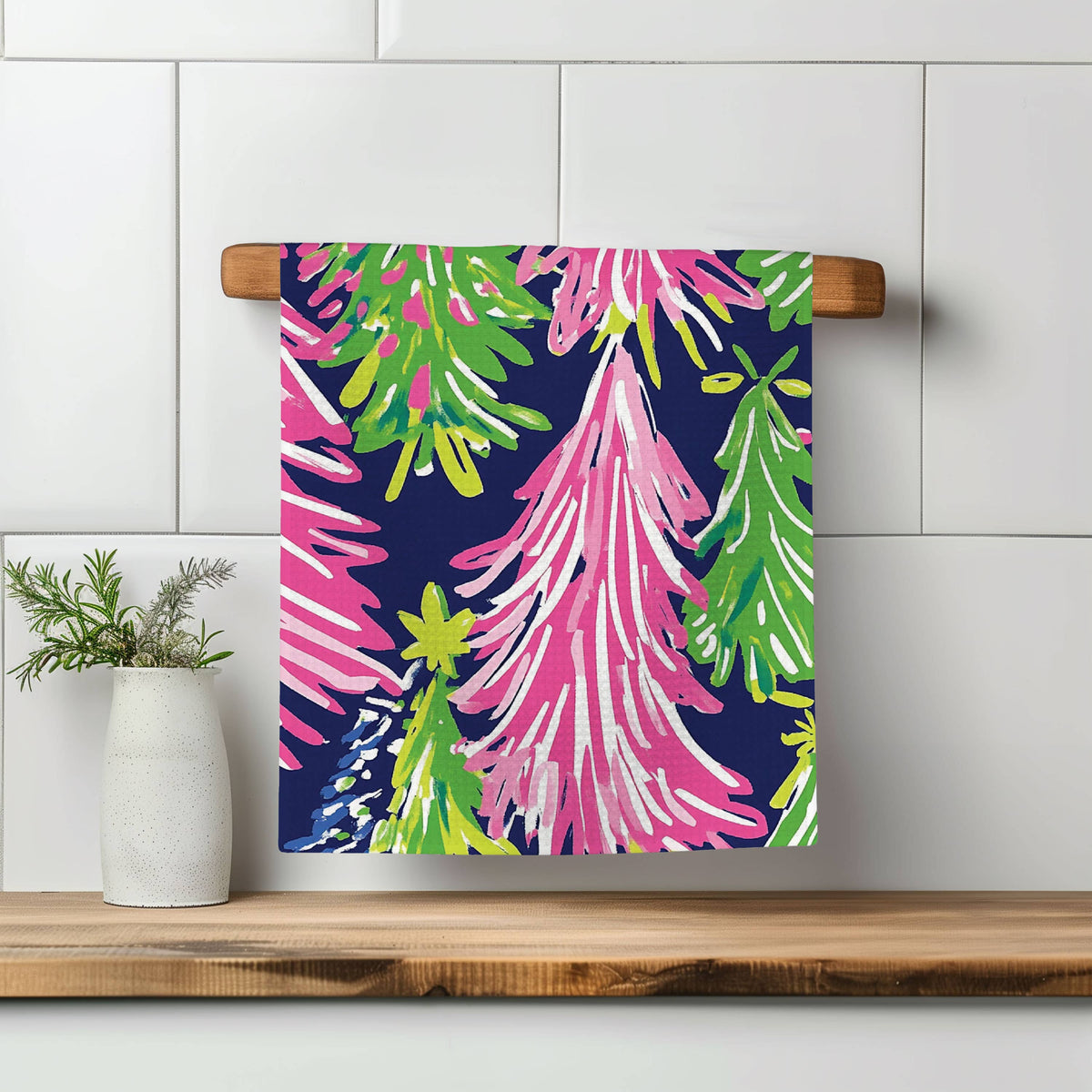 Preppy Navy Pink Chinoiserie Christmas Kitchen Towel Lime