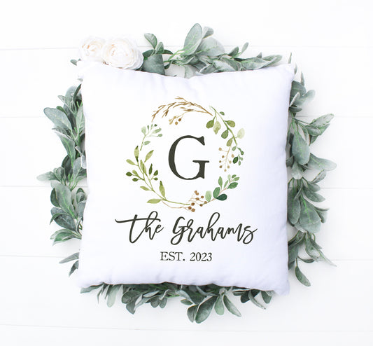 Custom Monogram Pillow | Wedding Gift | Eucalyptus Wreath Monogram |Personalized Housewarming Gift | Bridal Shower Gift | Engagement Present