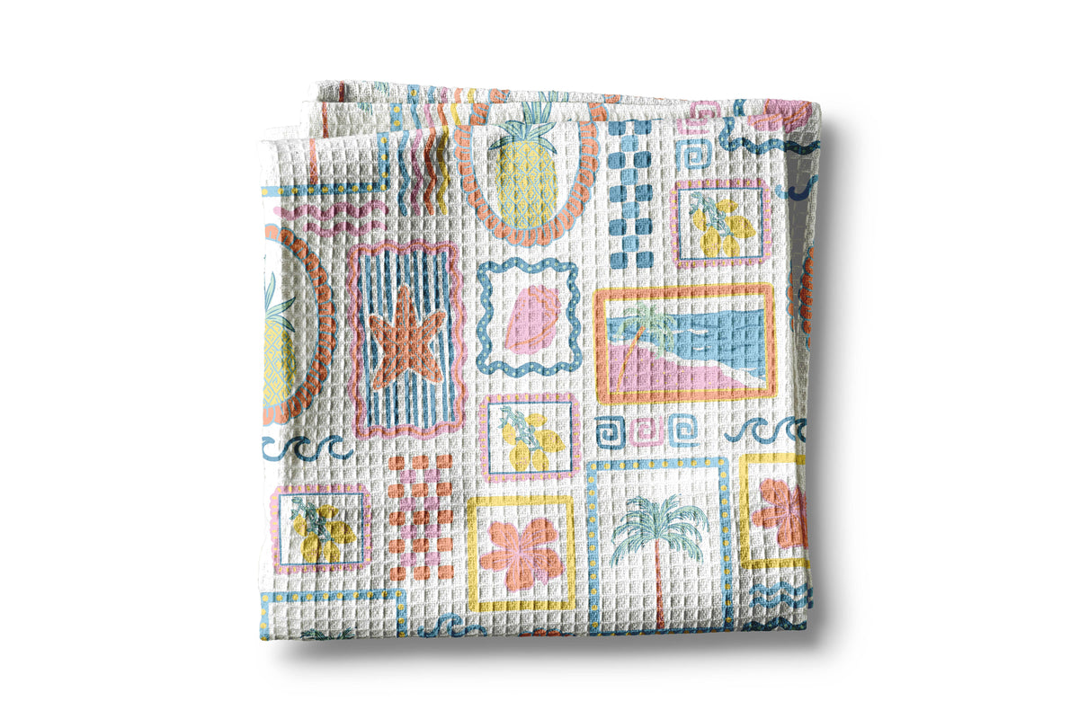 Summer Kitchen Towel Patchwork Nautical Beach Ocean Waffle