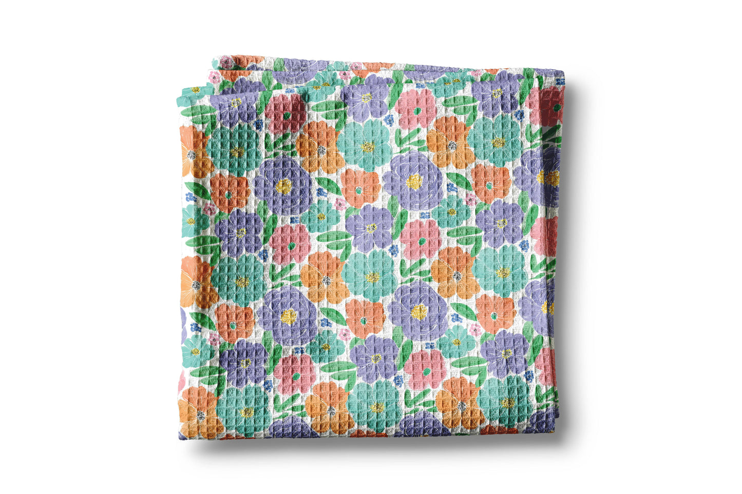 Bright Floral Retro Spring Flower Kitchen Towel Waffle Teal