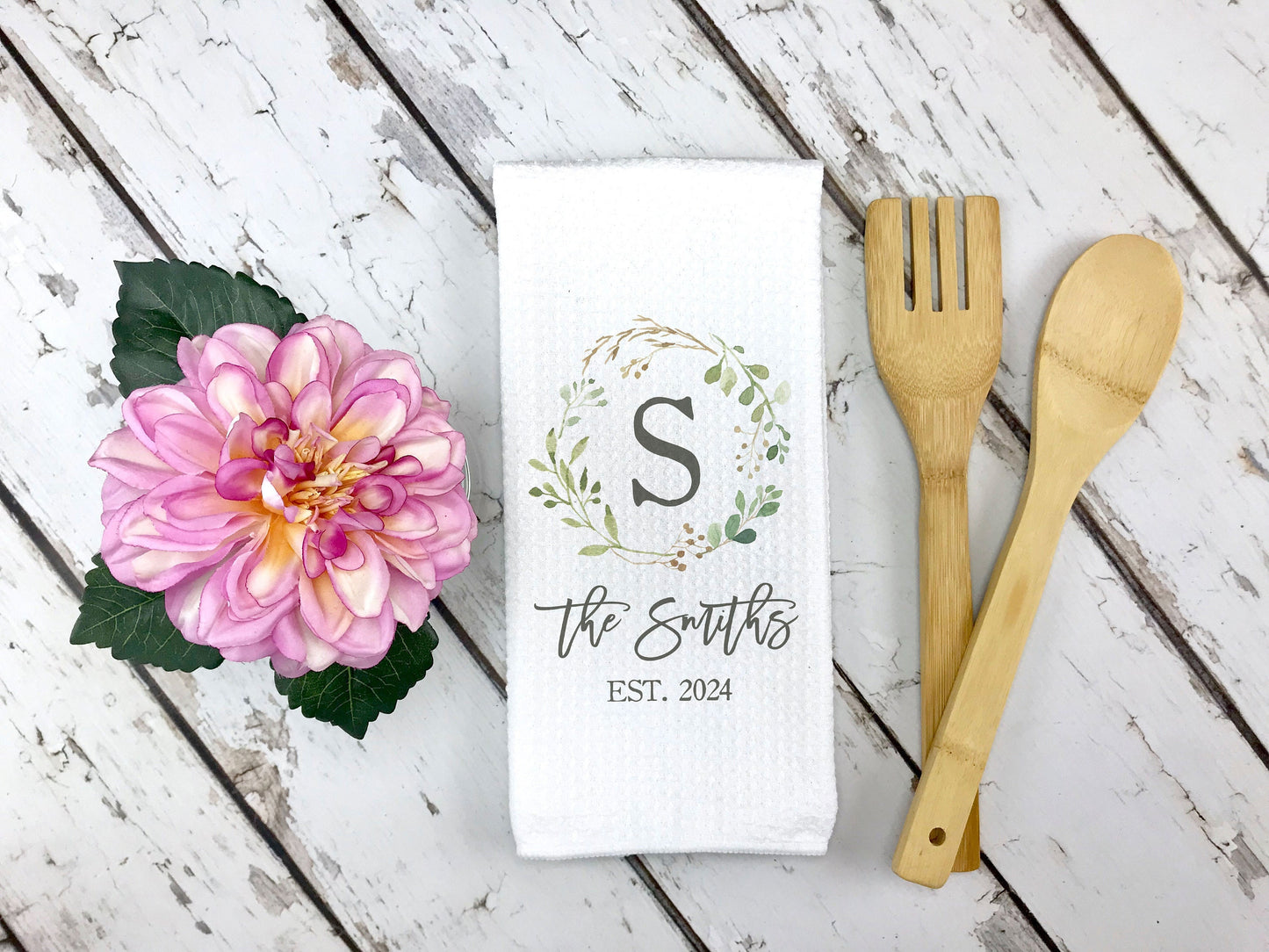 Family Name Dish Towel: Personalized Waffle Weave (Rustic Kitchen Style)