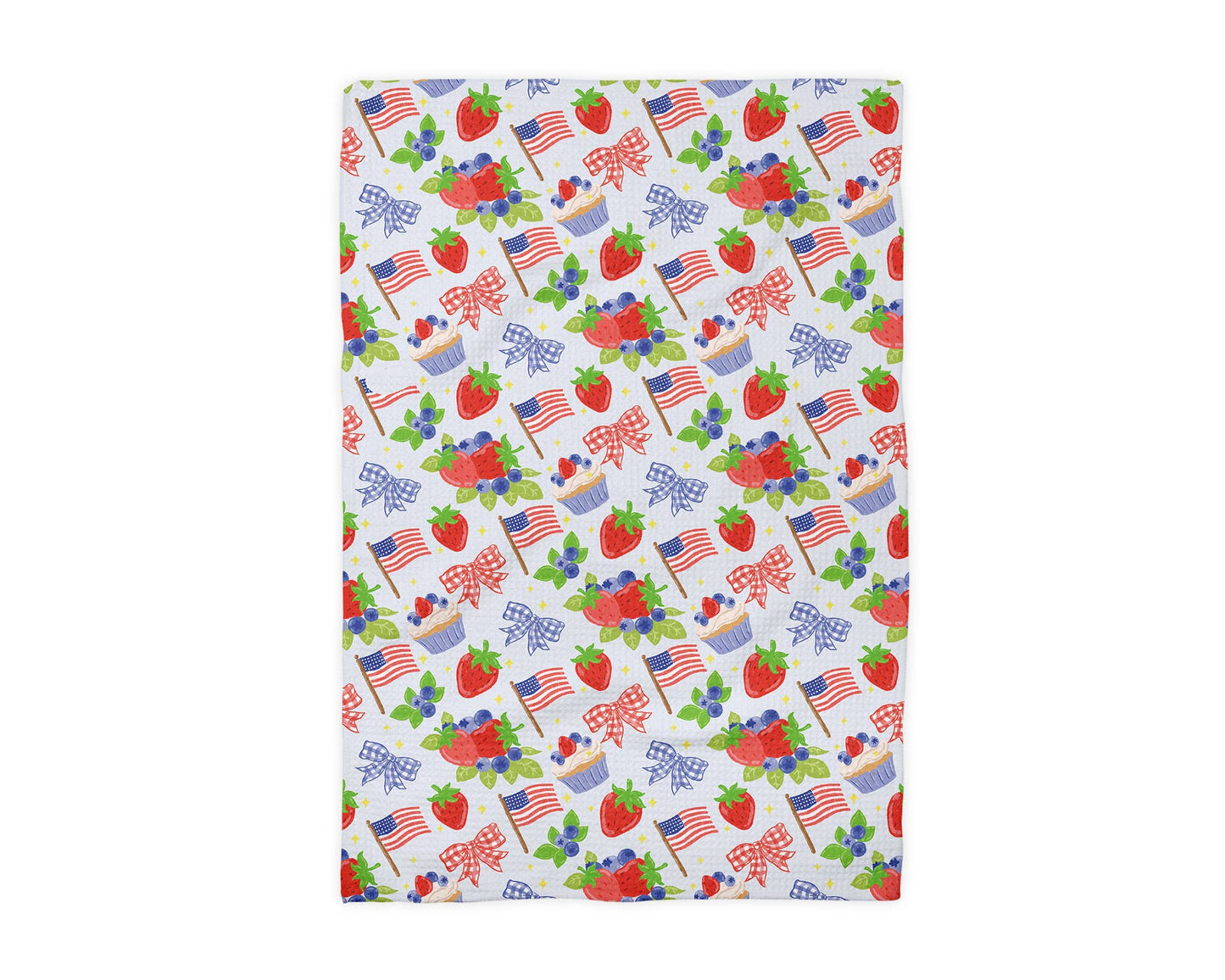 4th July Strawberry Red White Blue Flag Kitchen Towel Waffle