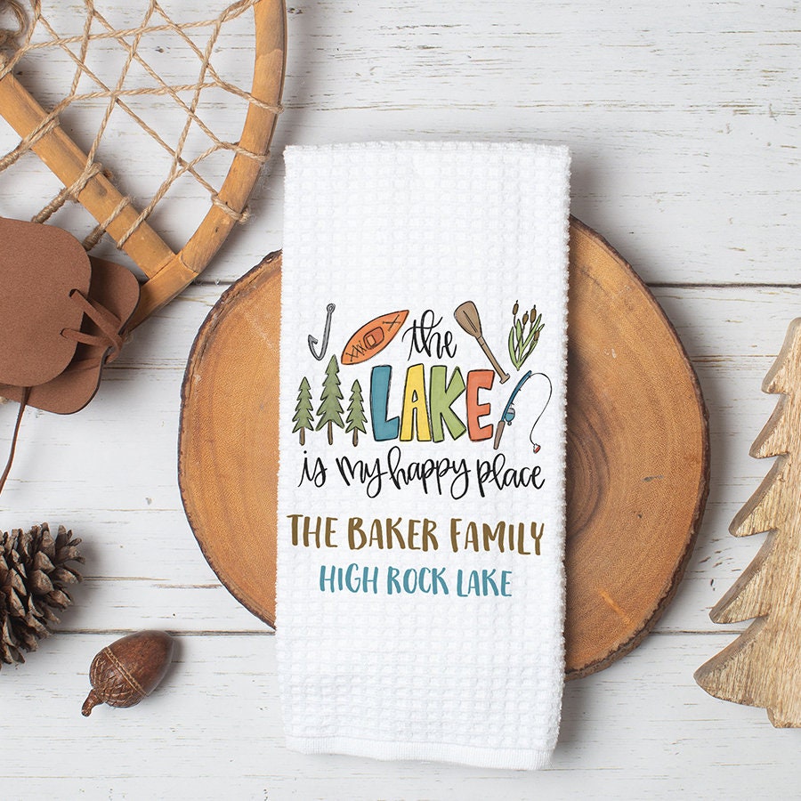 Personalized The Lake Is My Happy Place Kitchen Towel | Lake House Decor | Lake House Gift | Lake Themed Kitchen | Custom Lake Accessories