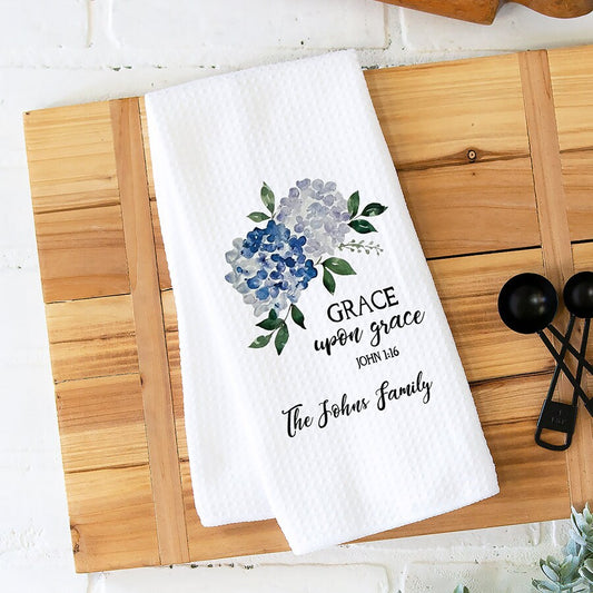 Custom Kitchen Towel: Purple Hydrangea Floral - Bible Verse Print