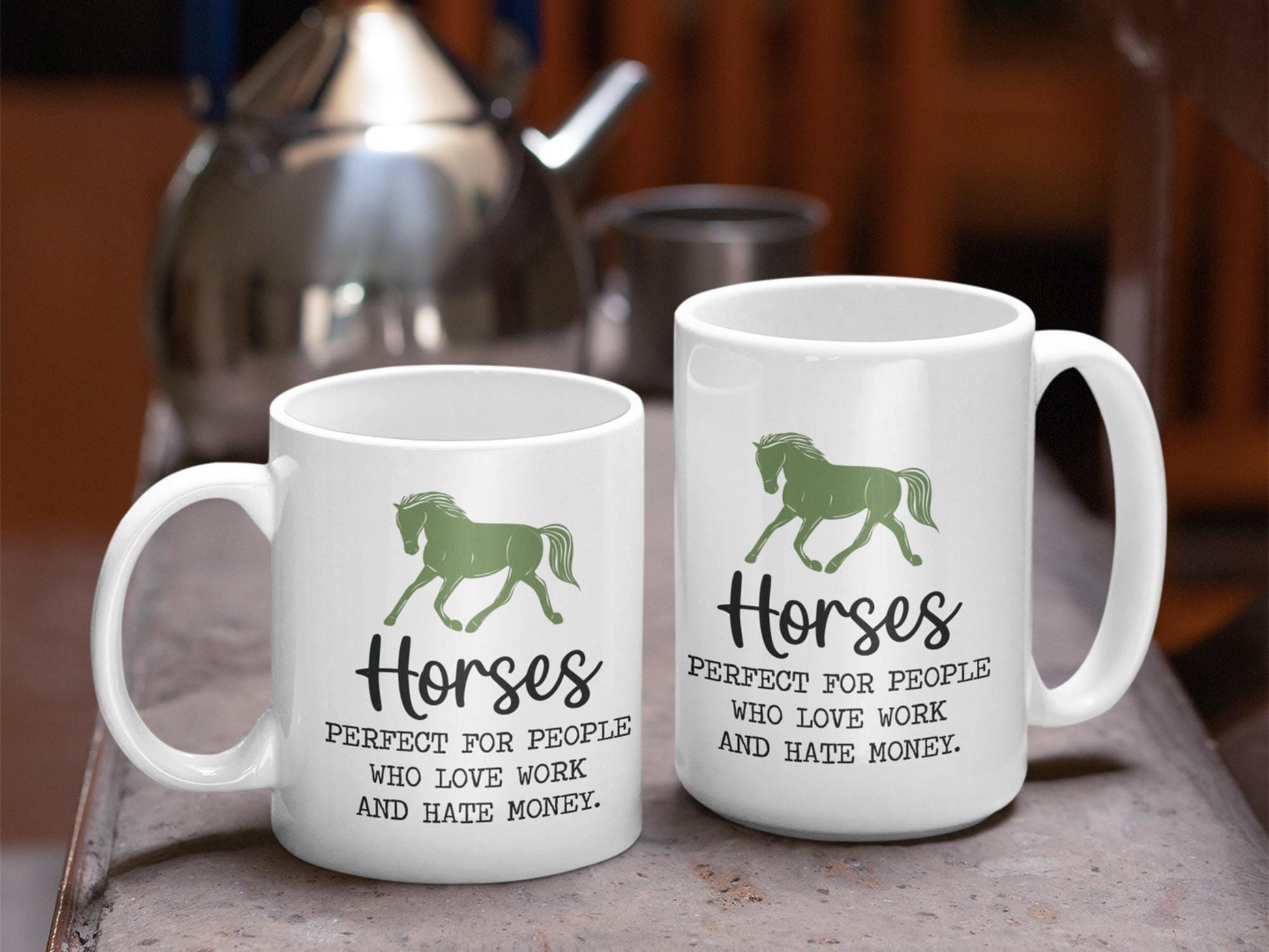 two white coffee mugs with horses on them
