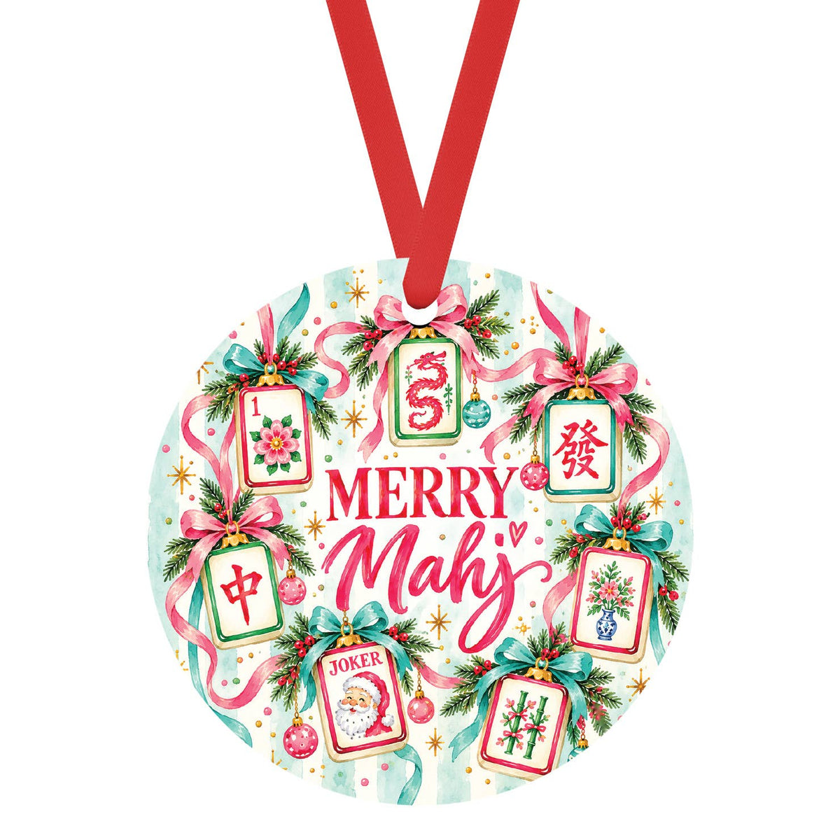Merry Mahj Christmas Ornament, Teal Stripe Mahjong Tree