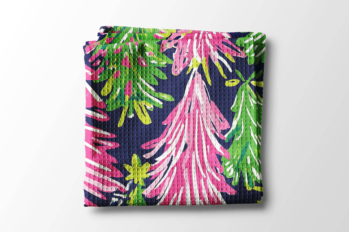 Preppy Navy Pink Chinoiserie Christmas Kitchen Towel Lime