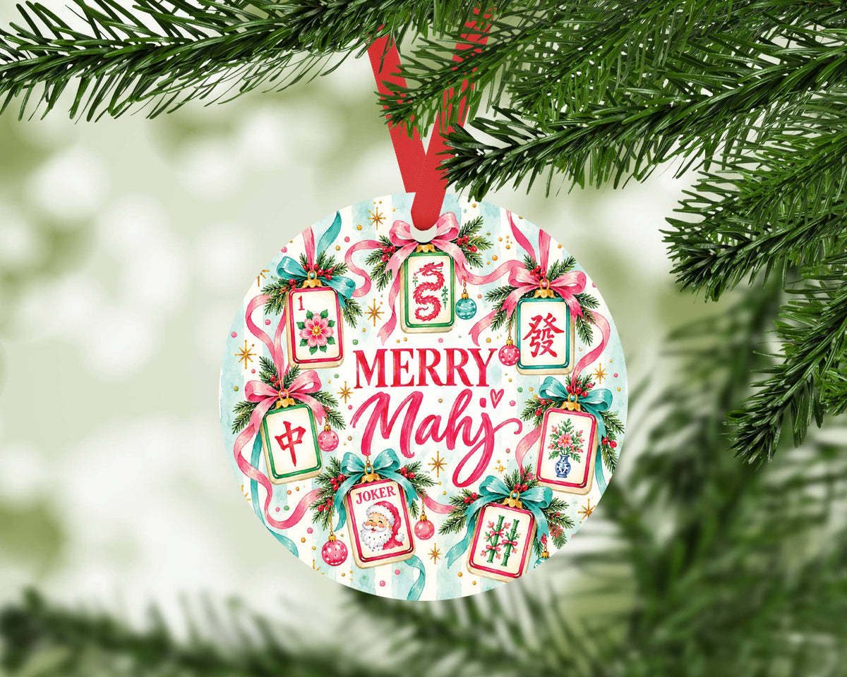 Merry Mahj Christmas Ornament, Teal Stripe Mahjong Tree