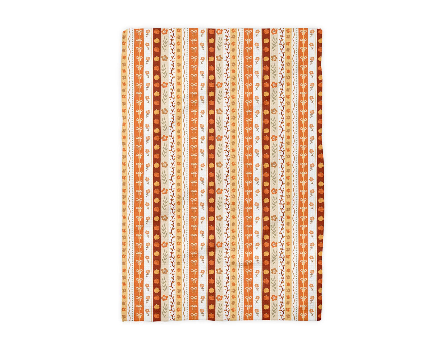 Fall Floral Stripe Blue Pumpkin Coastal Kitchen Towel Waffle