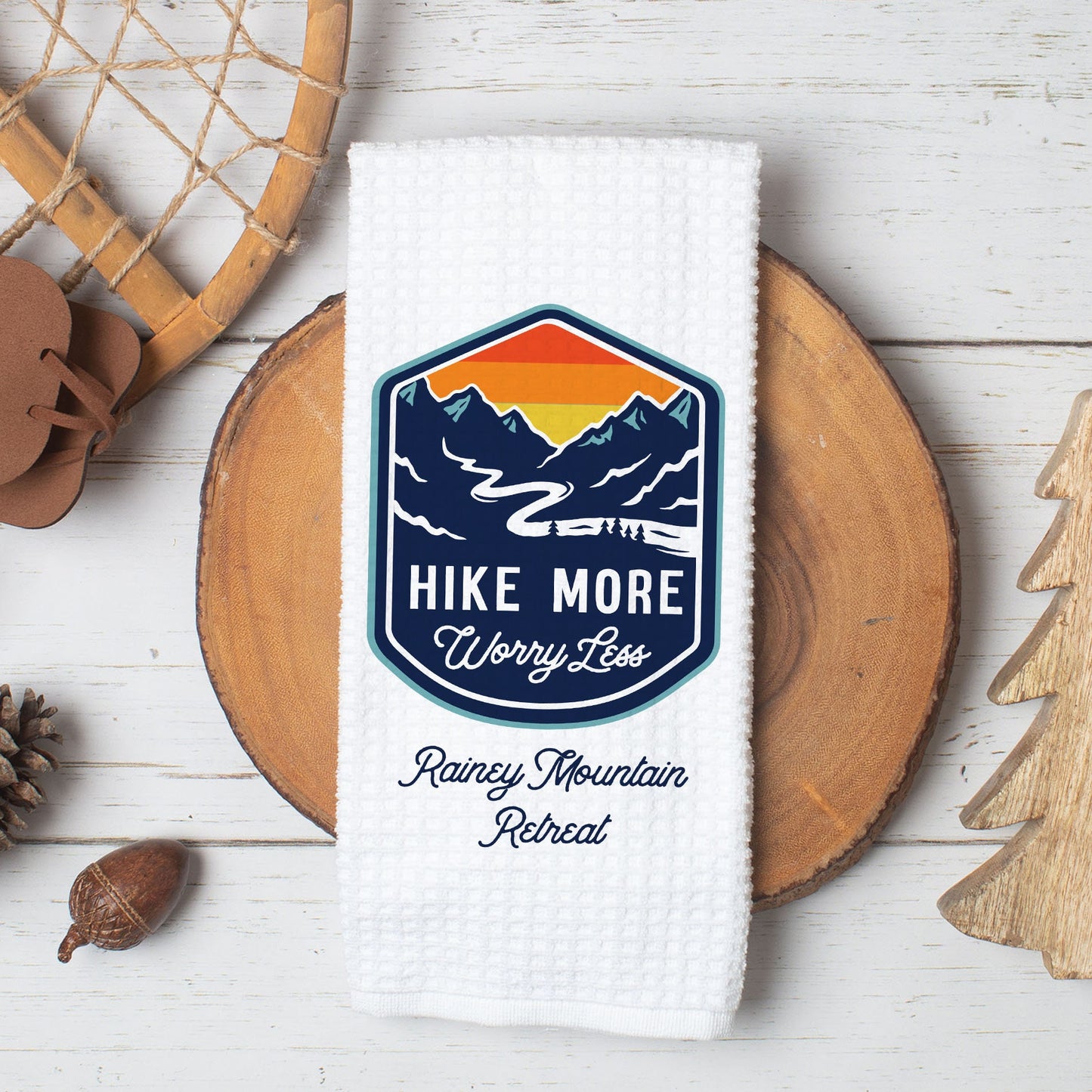 Personalized Hike More Worry Less Waffle Weave Kitchen Towel