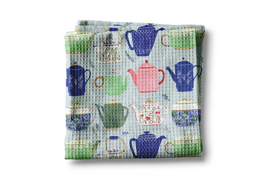 Kitchen Waffle Towel – Blue White Chinoiserie Pattern, Lint Free Drying Cloth