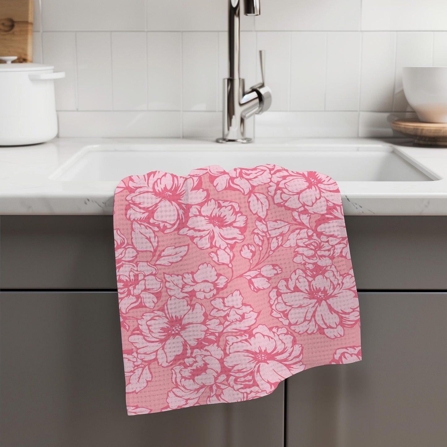 Pink Floral Peony White Kitchen Towel Waffle Weave Citrus Spring Preppy Hostess