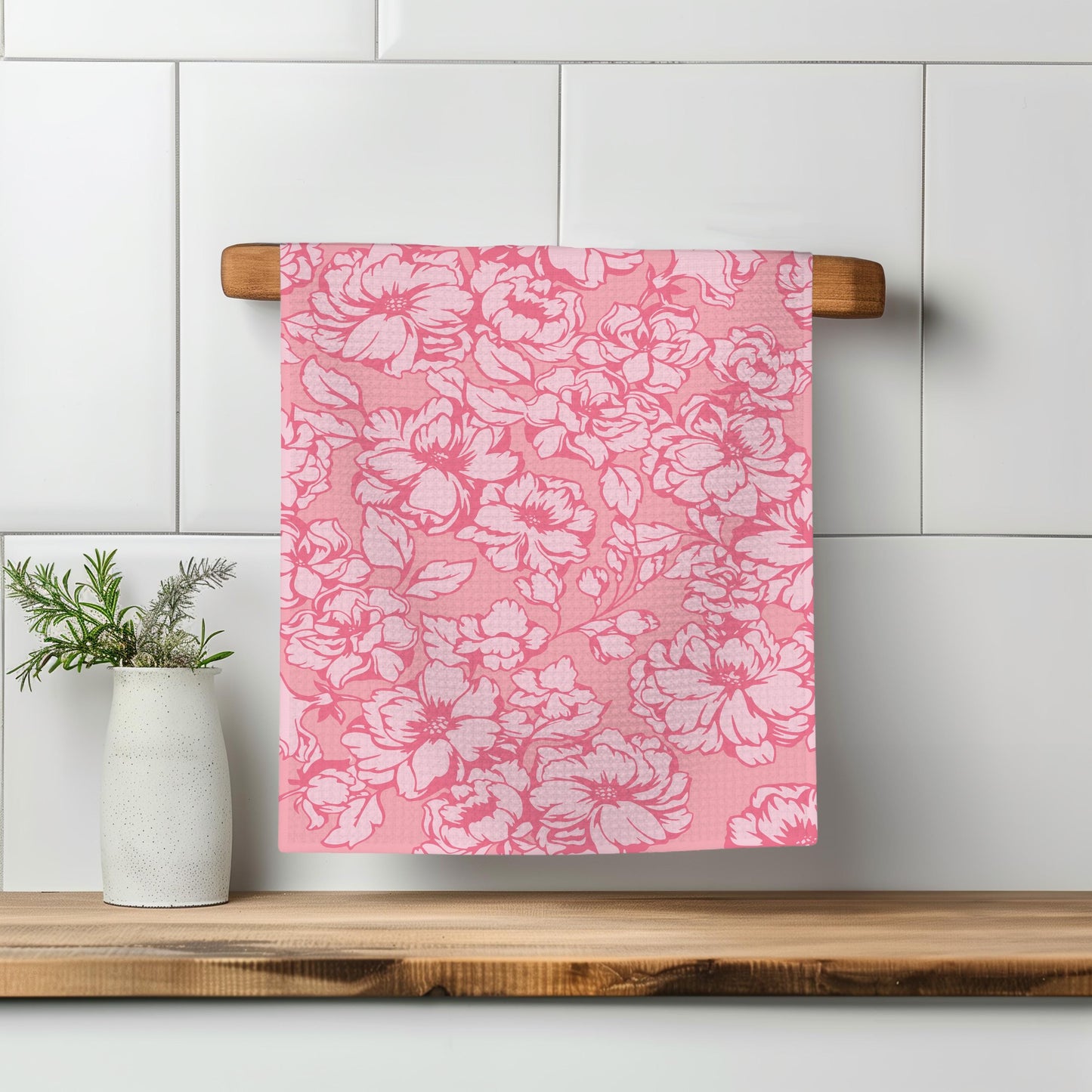 Pink Floral Peony White Kitchen Towel Waffle Weave Citrus Spring Preppy Hostess