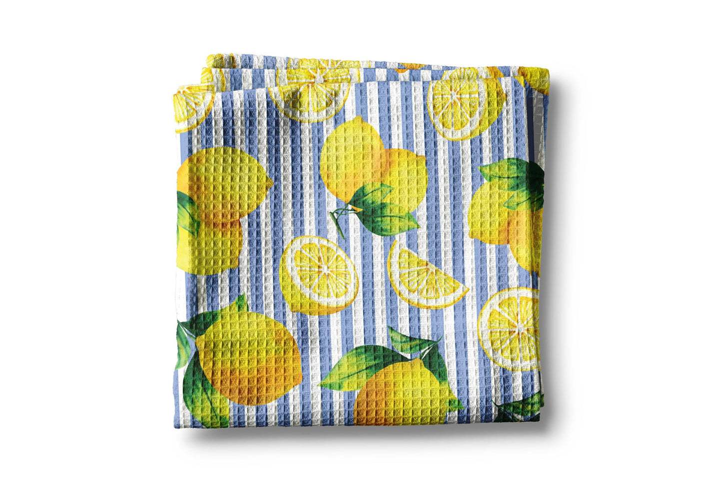 Lemon Stripe Blue White Kitchen Towel Waffle Weave Floral Citrus Spring Preppy Hostess