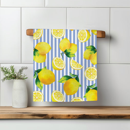 Lemon Stripe Blue White Kitchen Towel Waffle Weave Floral Citrus Spring Preppy Hostess