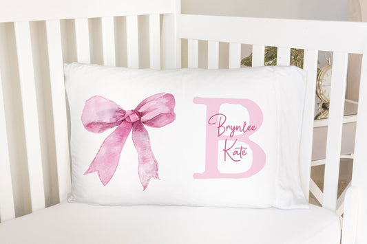 Watercolor Bow Monogram Personalized Standard Pillowcase | Pastel Teen Pillow Cover | Girl Room Decor | Nursery Decor Preppy