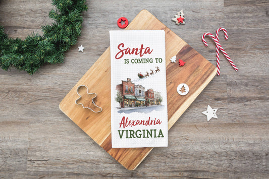 Custom City Santa Coming to Town Christmas Kitchen Towel