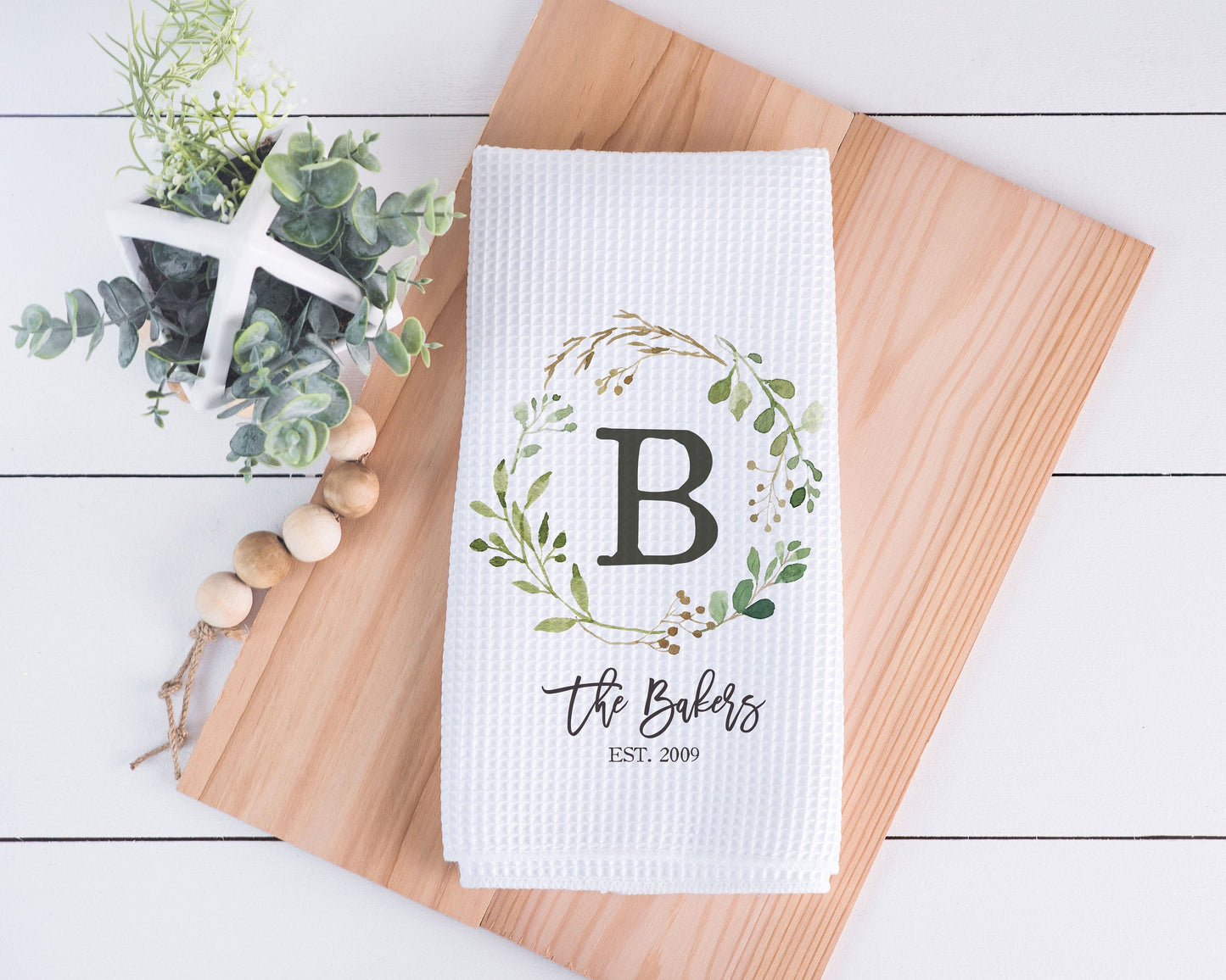 Family Name Dish Towel: Personalized Waffle Weave (Rustic Kitchen Style)