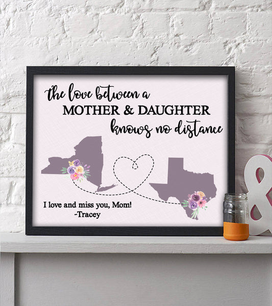 Love Knows No Distance: Purple Long distance print, a touching Mother's Day sentiment for Mom from daughter.