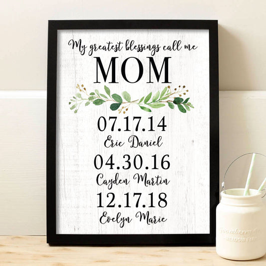 Gift of Memories: Personalized Mother's Day print, a cherished keepsake for Mom that can be customized with kid's names and birthdates.
