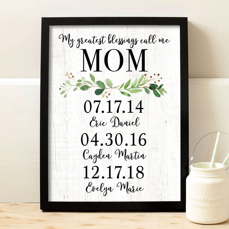 Gift of Memories: Personalized Mother's Day print, a cherished keepsake for Mom that can be customized with kid's names and birthdates.