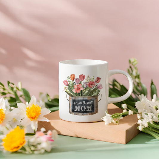 Morning joy for Mom: Personalized ceramic coffee mug, a loving floral Mother's Day gift for the best mom ever.