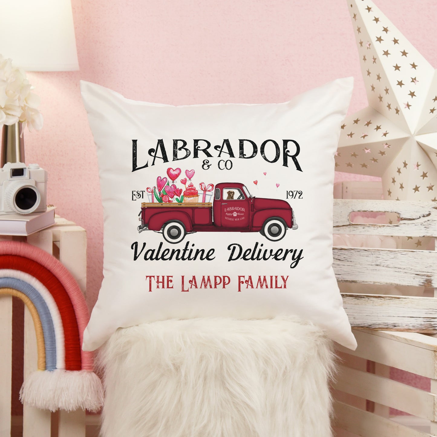 Personalized Chocolate Labrador Valentine Truck Pillow