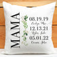 Eucalyptus Mom Date throw pillow for Mother's Day.  List children's names and birthdates next to Mom.