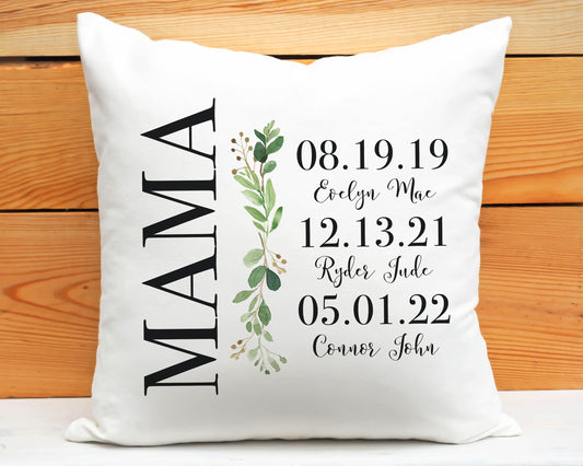 Eucalyptus Mom Date throw pillow for Mother's Day.  List children's names and birthdates next to Mom.