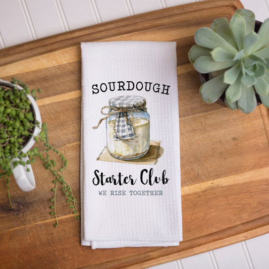 Sourdough Starter Club towel: High-quality waffle weave kitchen towel featuring charming sourdough design. Perfect for adding rustic charm to your kitchen decor. Ideal for drying dishes or hands. Durable and absorbent. Elevate your kitchen with this artisanal touch!