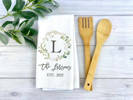 kitchen monogram towel wedding gift present farmhouse housewarming birthday mothers day