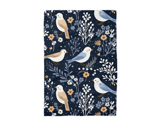 Holiday Kitchen Towel - Navy Blue Bird and Berry Design | Absorbent Waffle Weave