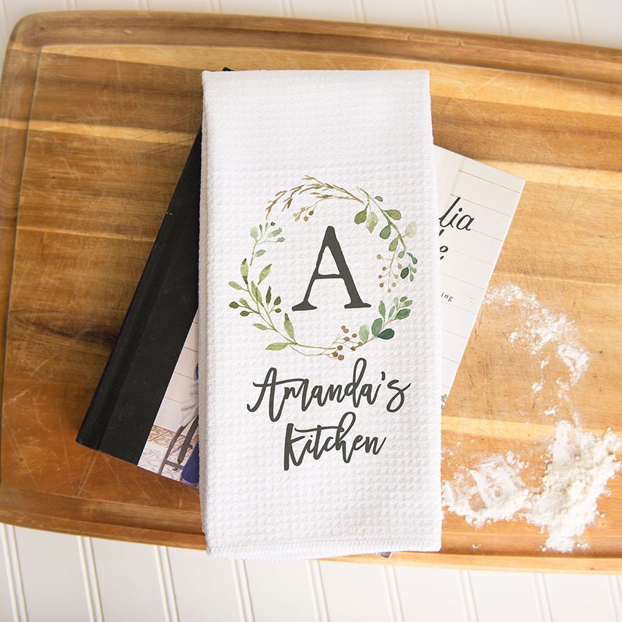 ORIGINAL Eucalyptus Monogram Dish Towel, Housewarming Gift for New Homeowner, Custom Kitchen Towel Set, Perfect Wedding Present