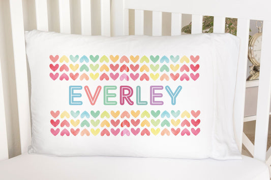 Colorful Neon Hearts with Personalized Name Standard Pillowcase | Personalized Pastel Pillow Cover | Girl Room Decor | Nursery Decor