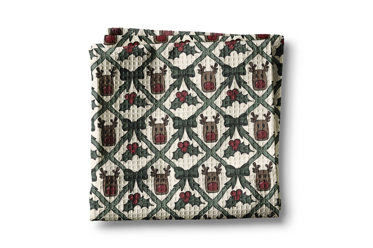 Reindeer Christmas Bird Floral Kitchen Towel Waffle Holiday