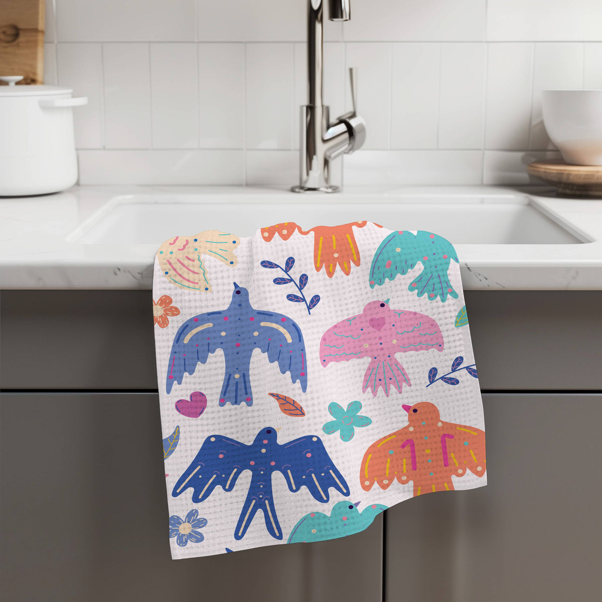 Birds In Flight Retro Spring Modern Kitchen Towel Waffle