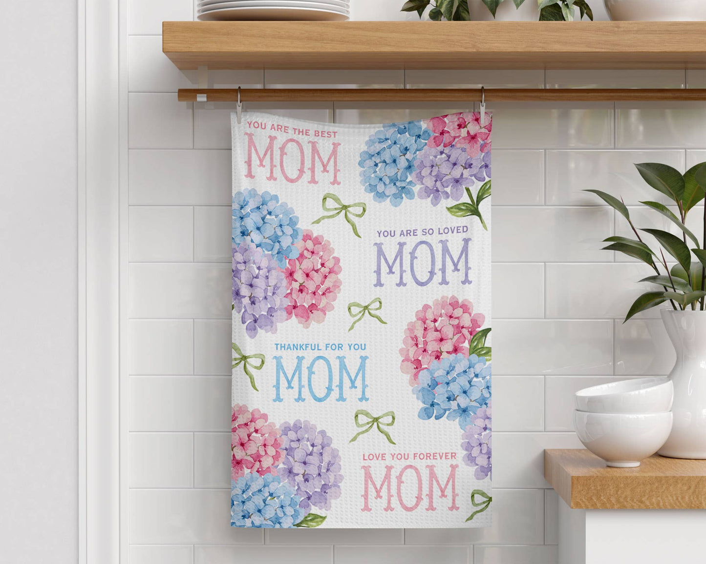 Mother's Day Waffle Towel Floral Best Mom Kitchen Hydrangea